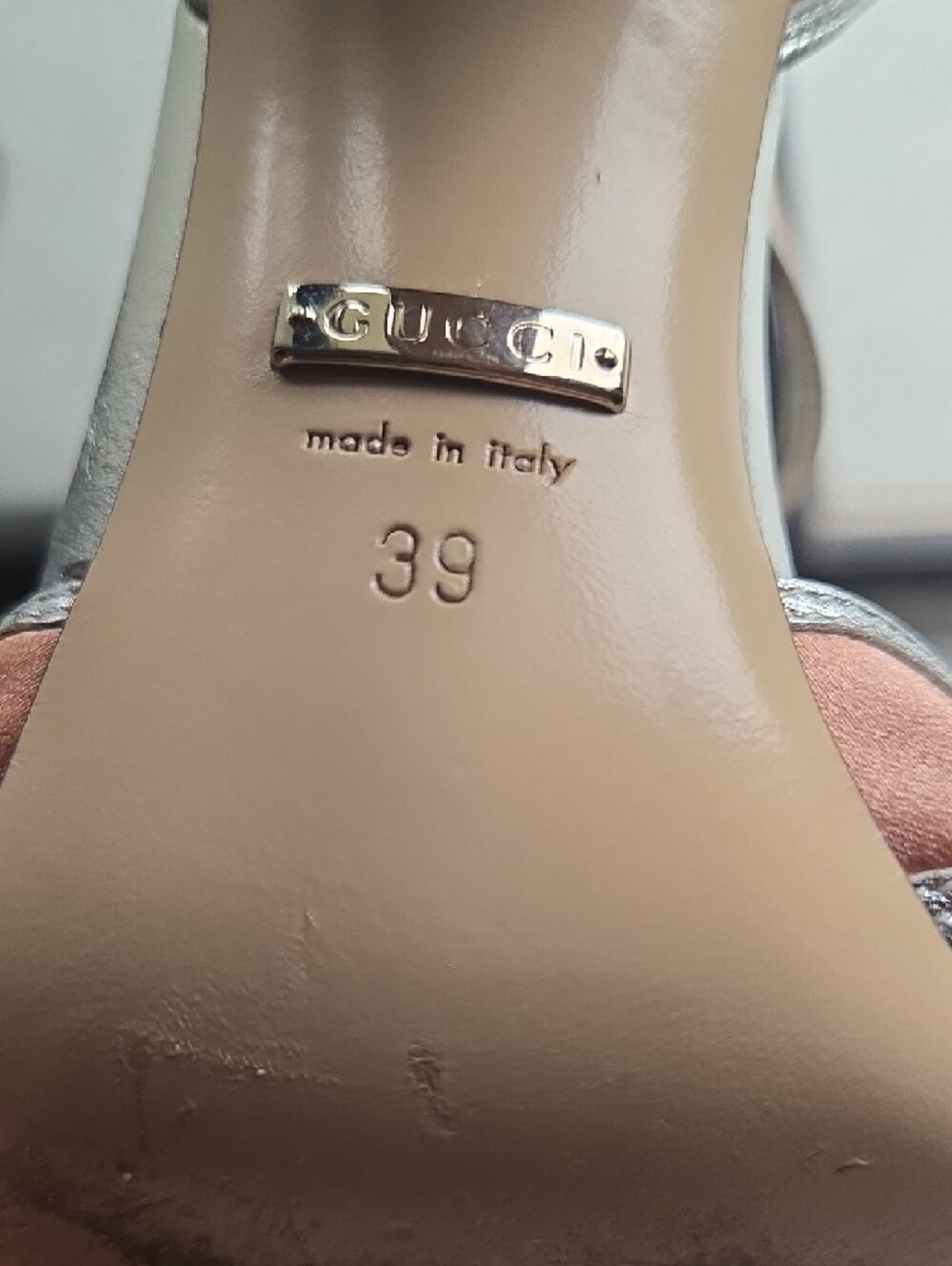 Gucci Peach Satin T-Strap Heels with Silver Trim - Picture 5 of 5